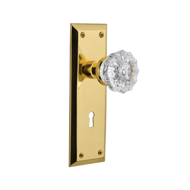 Clear Crystal Interior Mortise Door Knob with New York Long Plate, Unlacquered Brass
