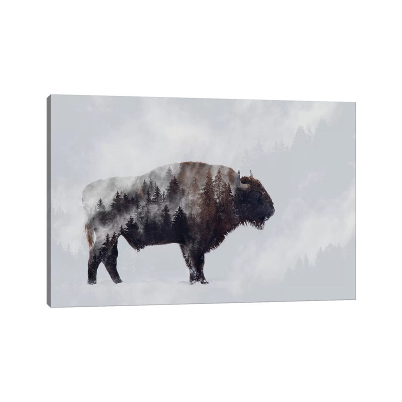 Bison - Double Exposure 1 Piece Wrapped Canvas Wall Art