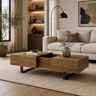 Sliding Top Coffee Table with Hidden Storage, Expandable Wood Tabletop Design, Modern Mid-Century Coffee Table for Living Room