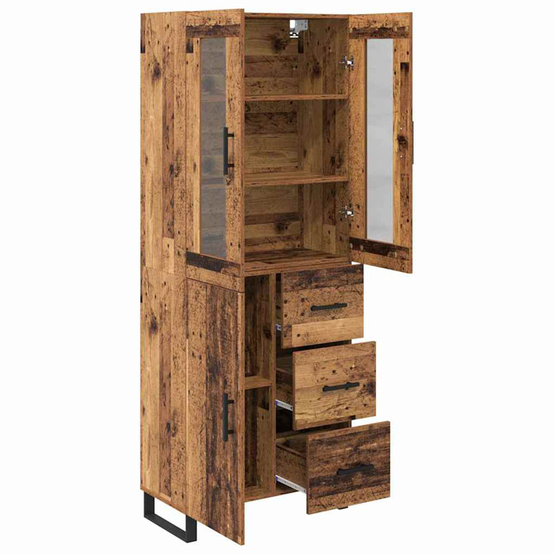  Highboard With Drawer 2 Pcs Old Wood Engineered Wood And Glass, Old Wood