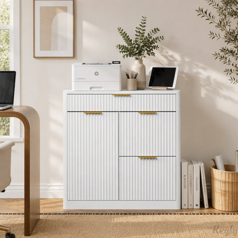 Classeur de bureau avec station de charge et tablettes réglables, White