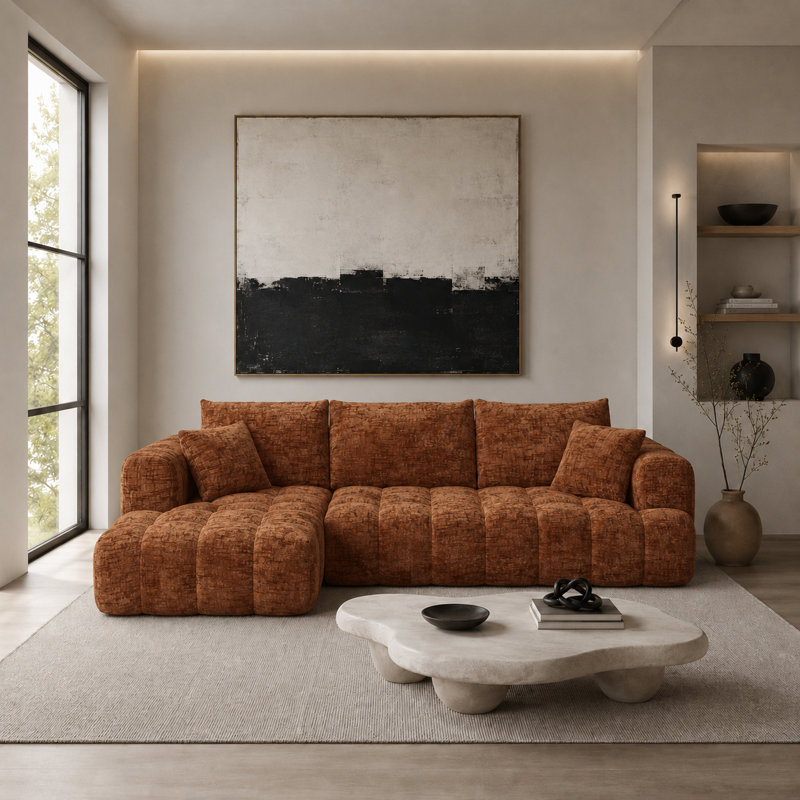 Classic Boneless L-shaped Chenille Fabric Upholstered 3-Seater Sectional Sofa with Two Pillows, Orange Chenille