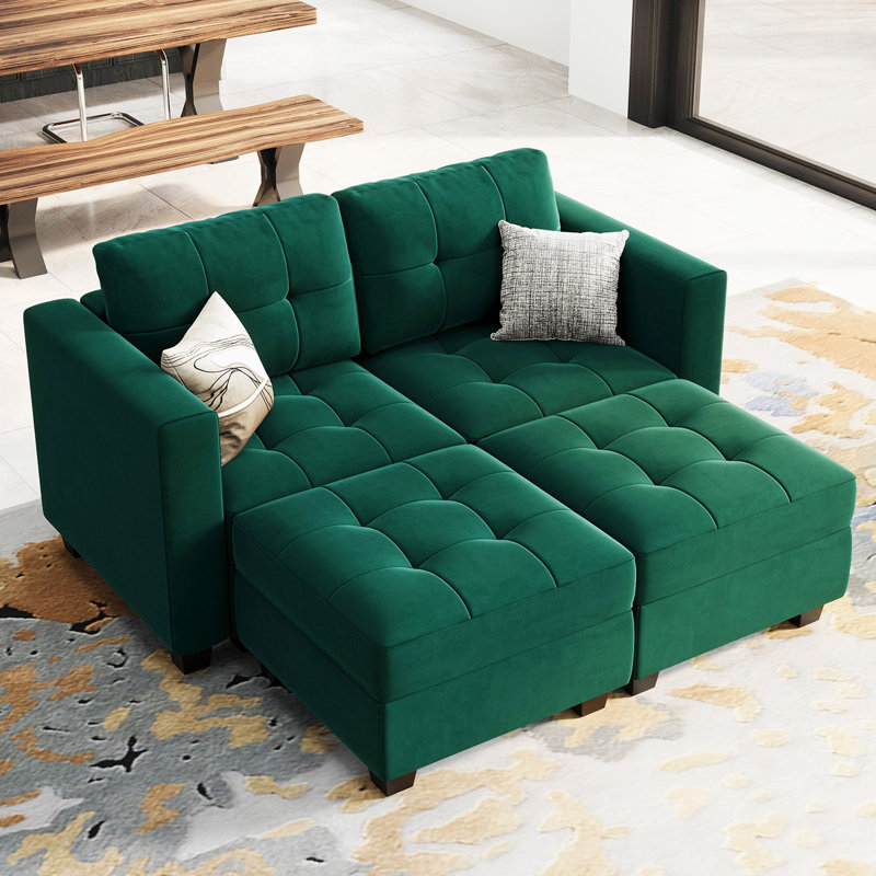 Soneson Modern Velvet Sectional Sofa Bed Loveseat with Tufted Cushions and Storage Apartment Sofa, Green Velvet