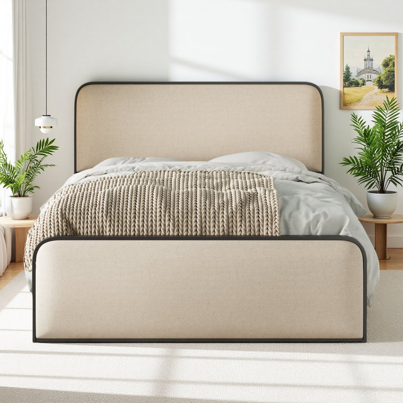 Upholstered Bed with Storage, Beige/Black, Queen