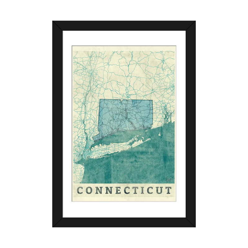 « connecticut map », impression sur toile, Papier beaux-arts encadré noir, H 24 po x l 16 po x P 1 po, Blanc