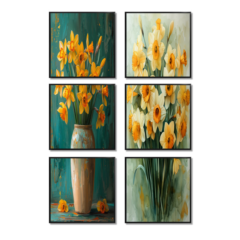 Bloom, orange, nature morte, jonquilles, ensemble de 6 jonquilles murales, Impression encadrée sans passe-partout, Noir