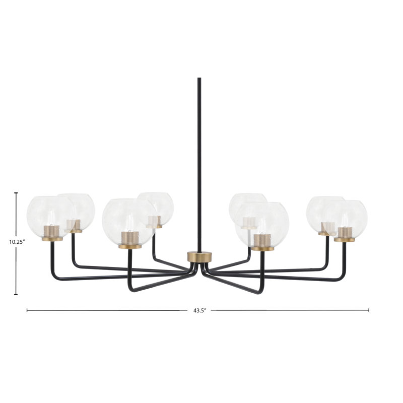 Lustre 8 lumières Amarmula, noir mat et laiton vieilli, verre transparent 5,75 po, Clair, Noir/laiton