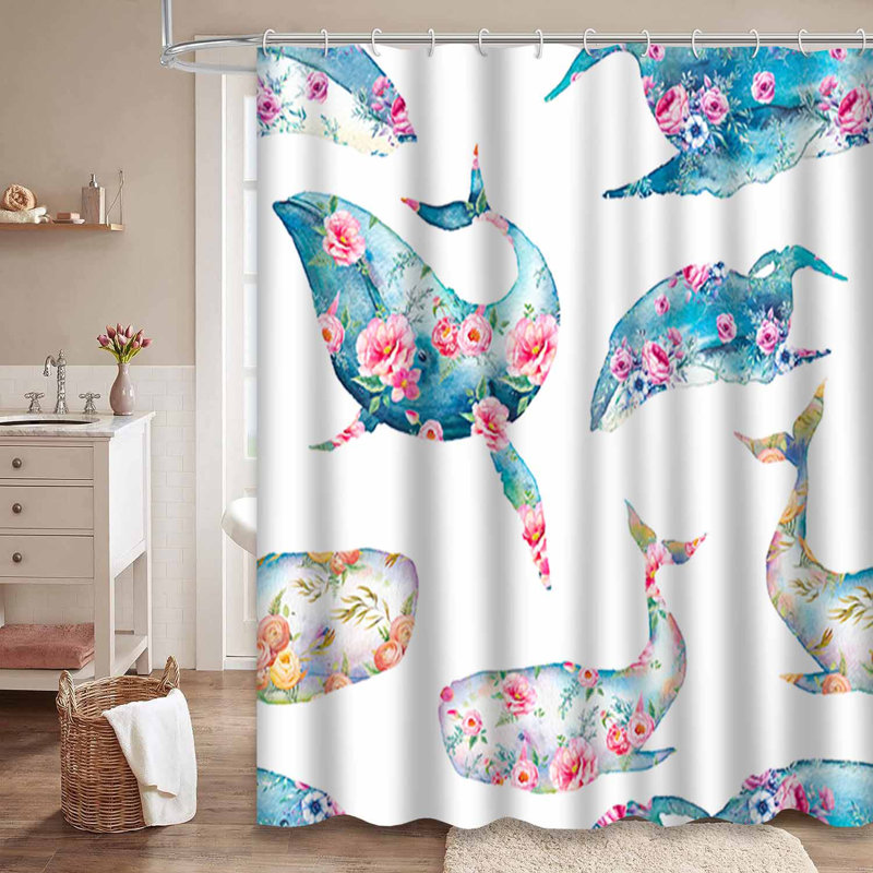 Rideau de douche aquarelle Whale Flowers, L 72 po x l 72 po