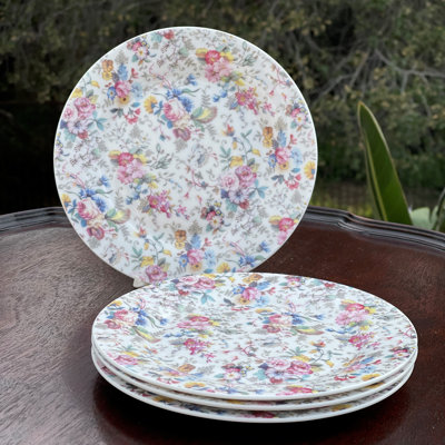 Petite Rose Chintz White Bone China Dessert Plate, Set Of 4