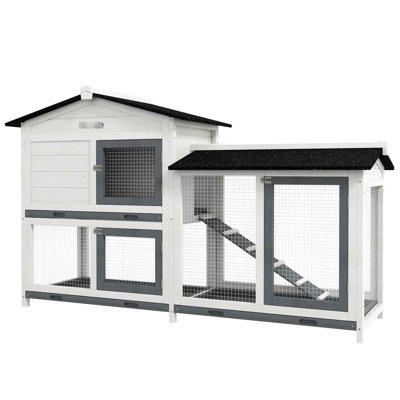 White Wooden Rabbit Cage, 62" With Run Area, Spacious For Small Animals, Removable Tray, Lockable Doors & Ramp Guinea Pig House, Easy Clean, , Doors, Asphalt Roof