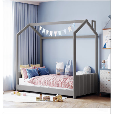 Lit cabane en velours pour une personne avec toit, idéal pour jouer et dormir, structure robuste en pin, fini neutre