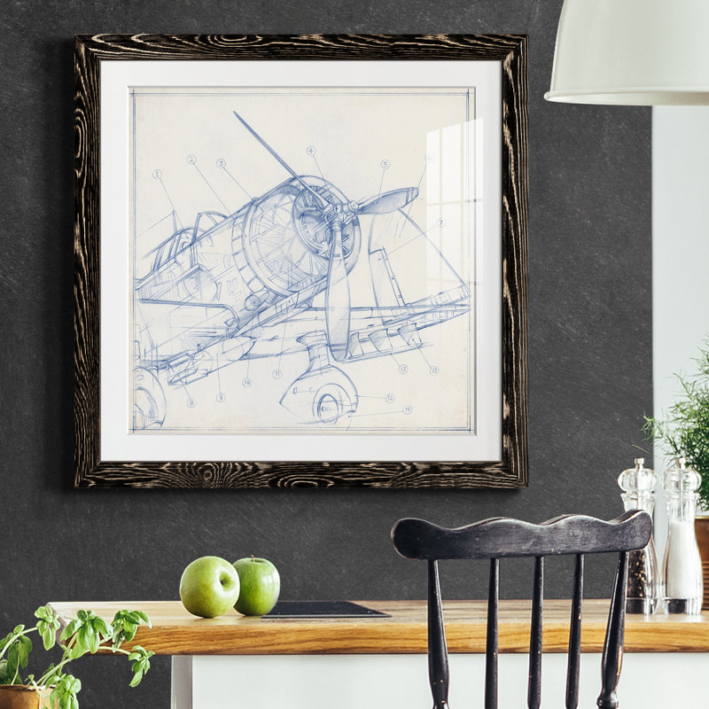 Croquis mécanique d'avion I-Premium, reproduction encadrée - prêt à être accroché, H 22,5 po x l 22,5 po x P 1,5 po, Blanc