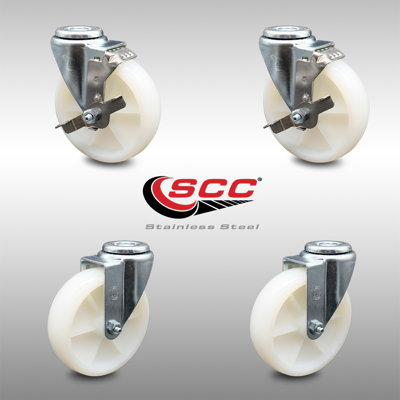 SS Nylon Wheel Swivel Bolt Hole Caster Set with 2 Brakes Service Caster