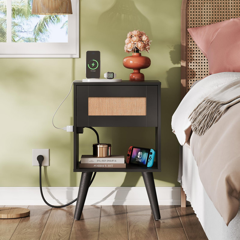 Rattan Nightstand With Charging Station, Boho Night Stand,..., Brown