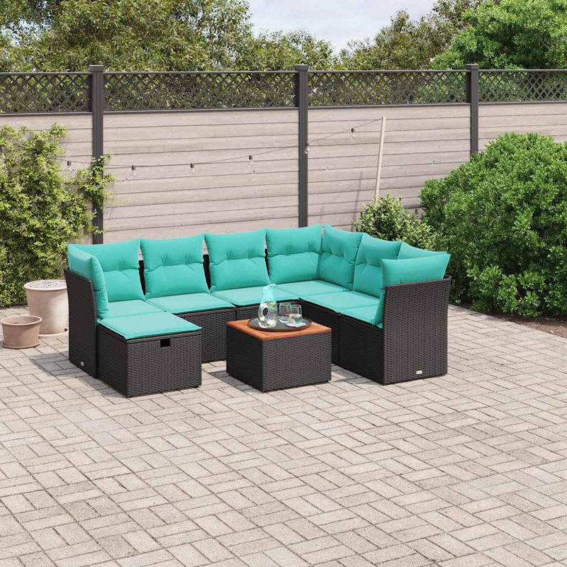 Ensemble de 8 canapés de patio avec coussins en rotin noir pour l'extérieur, Bleu sarcelle, Noir