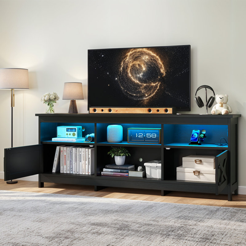 Farmhouse TV Stand For Up To 80 Inch Tvs With LED Lights, Storage Cabinets, Open Shelves & Adjustable Shelf, Black