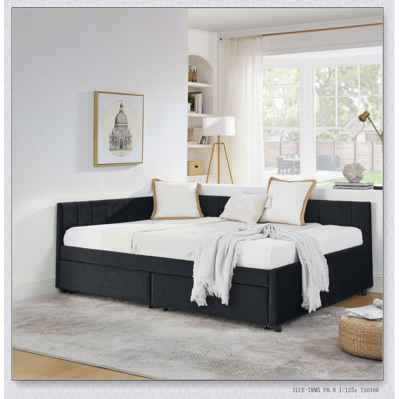 Upholstered Tufted Bed Frame with Two Drawers, Sofa Bed Frame with Comfortable Backrest and Armrests, Velvet