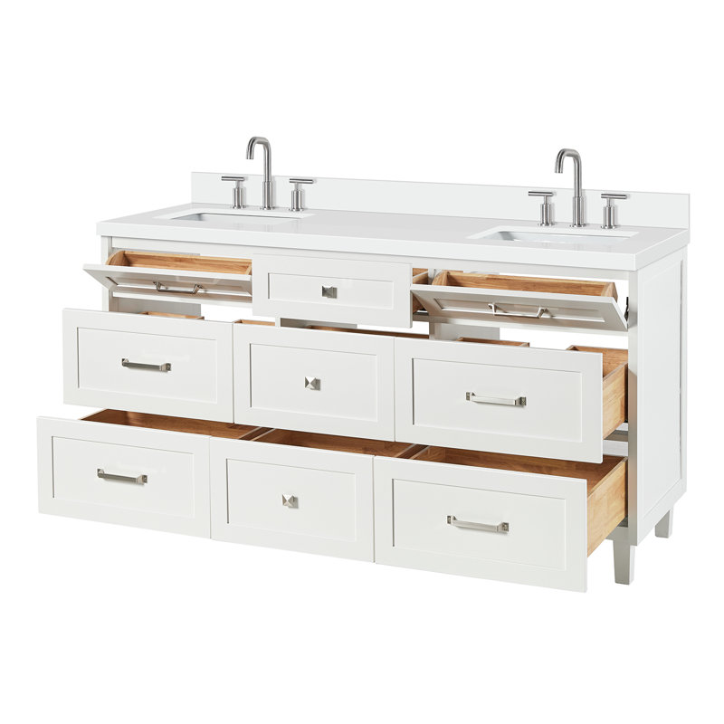 Ariel Monroe 67 Inch Double Rectangular Sink Bathroom Vanity With Pure White Quartz Countertop In White, White