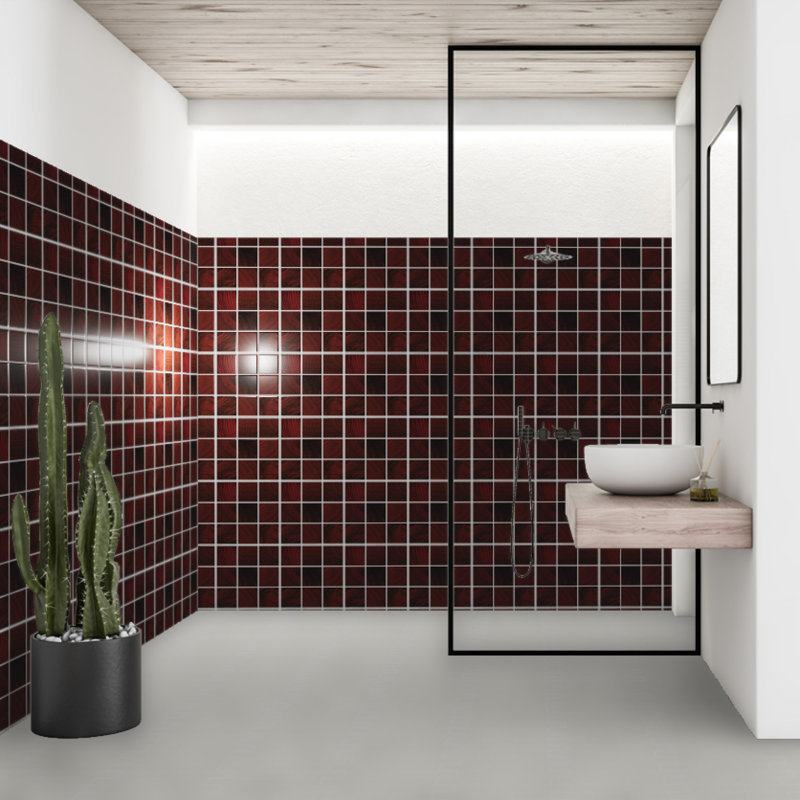 Recollect 4" W x 4" L Glass Wood Look Tile Mosaic Sheet, Maroon