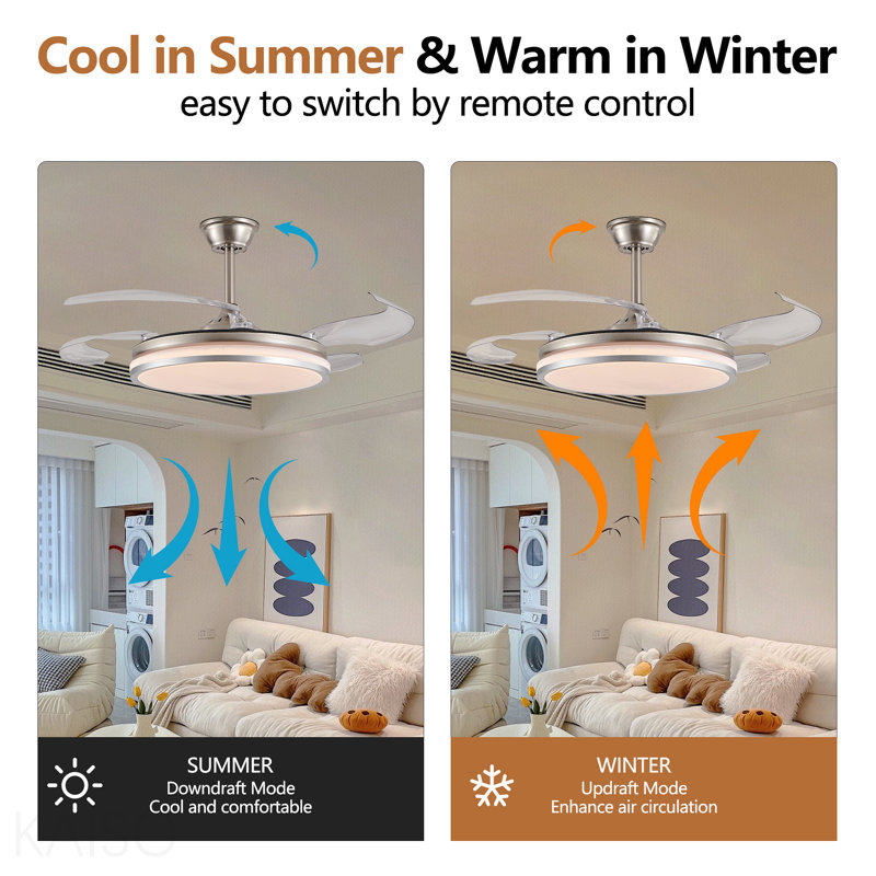 Ventilateur de plafond à DEL moderne 42 pouces à 2 niveaux avec lumière et télécommande, pales rétractables, moteur à courant continu réglable à 6 vitesses pour le salon, la chambre à coucher et la salle à manger