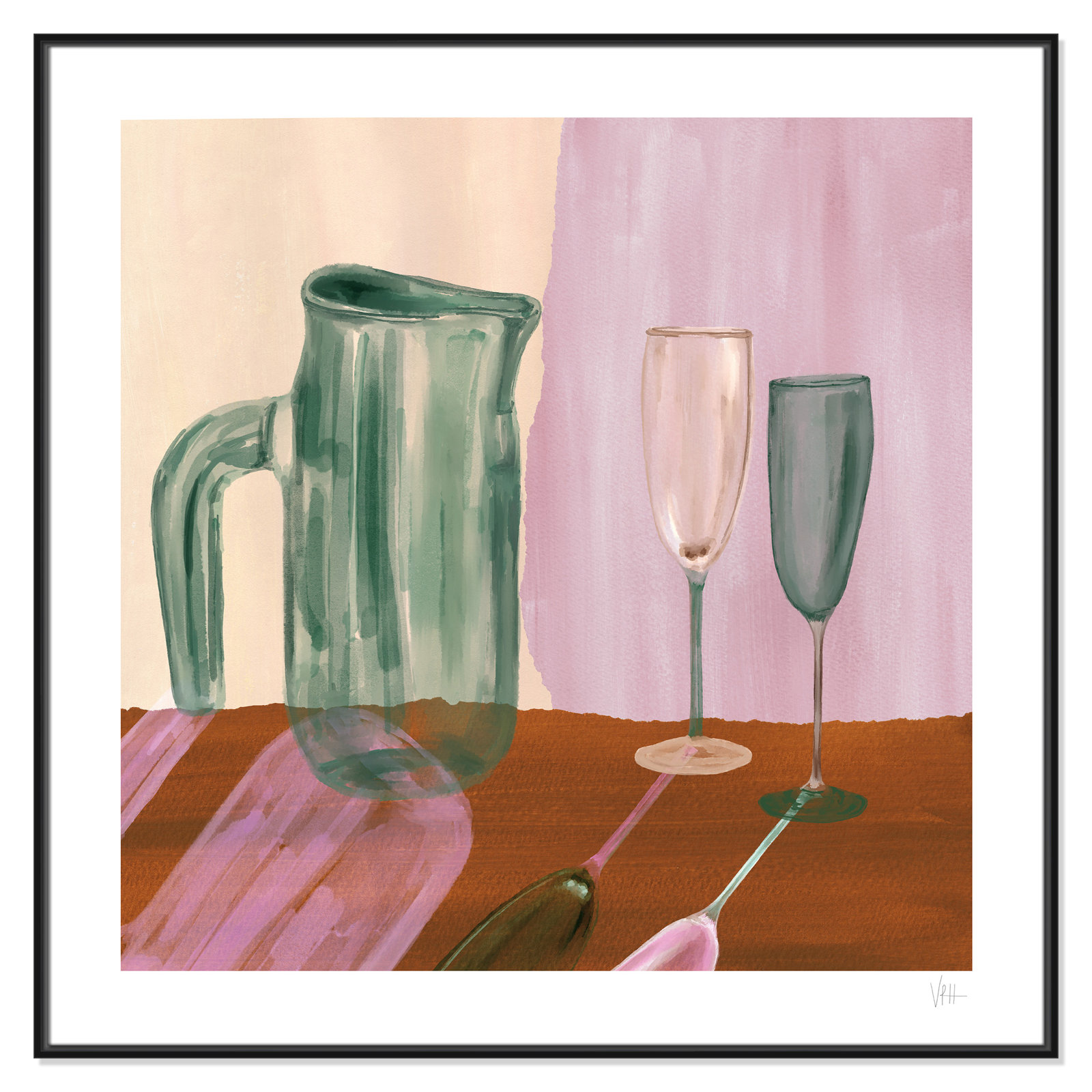 Jug and Champagne Flutes Print by Violets Print House, 46.5'' W x 46.5'' H, Framed Canvas, Black Floater