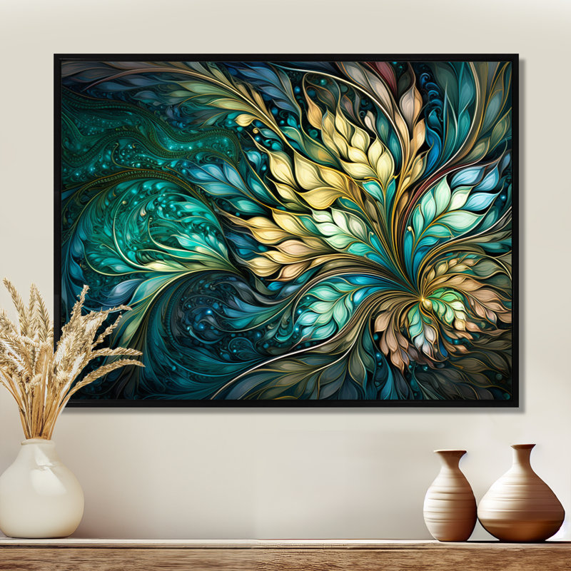 Turquoise, art nouveau, feuilles spirales - Botanicals, impression d'art mural, Toile avec cadre flottant noir