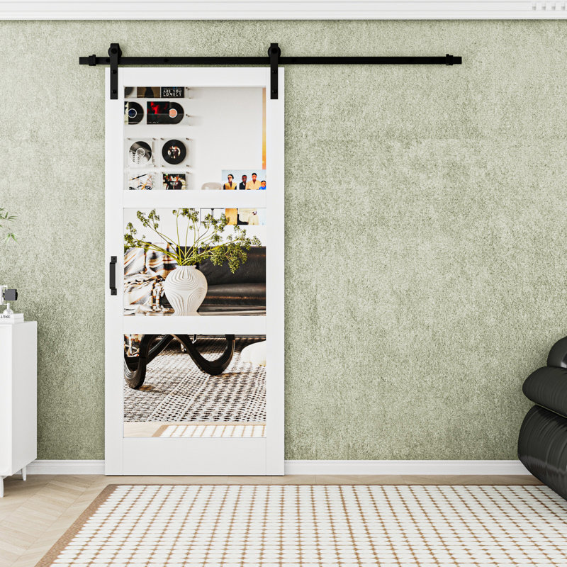 Double-sided  Glass Mirror and Solid Manufactured Wood Sliding Barn Door with Installation Hardware Kit, 36" x 84"