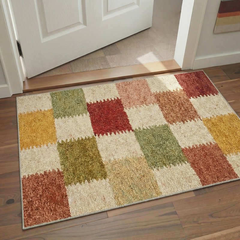 Tessera Checkered Machine Washable Pink / Beige / Yellow / Green Indoor Area Rug with Non-Slip Backing, Rectangle 6' x 9'