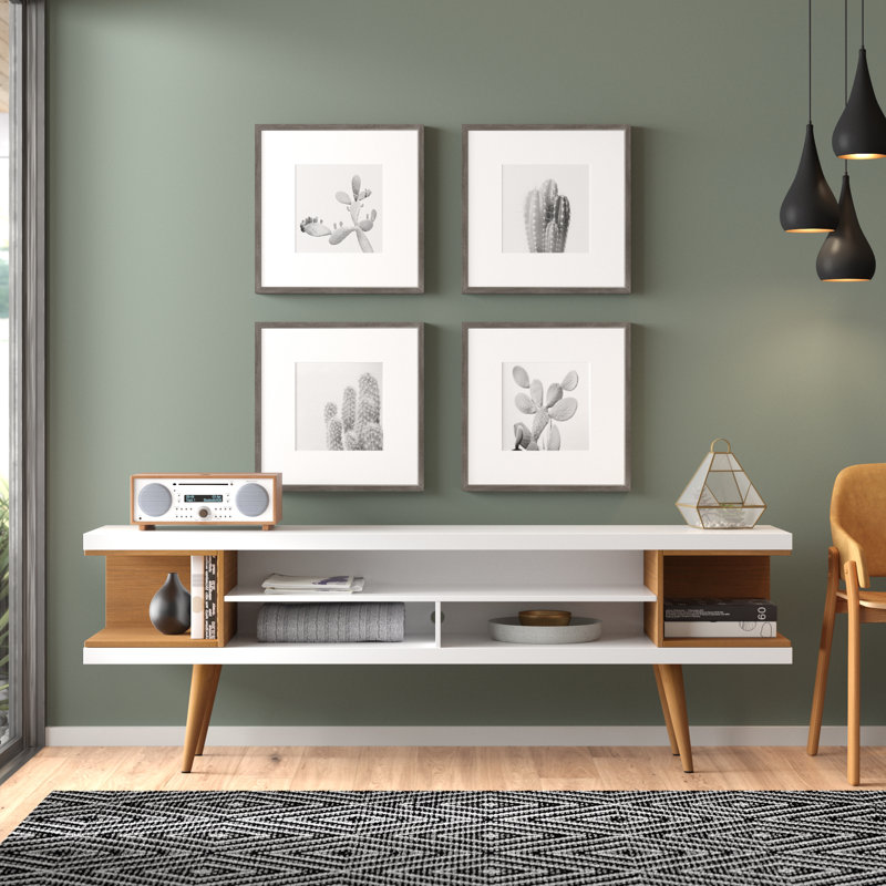 Meuble télé Mid-Century avec tablettes de rangement, Blanc lustré / crème d'érable