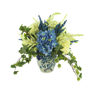 Rose and Hydrangea Faux Floral Arrangement with Feathers AR494 : Floral  Home Decor=>silk rose arrangements, tulip floral arrangements, magnolia  silk flower arrangements, tropical arrangements, tropical silk flower  arrangements, peony arrangement