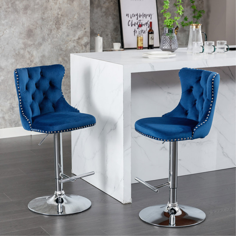 Velvet Barstools Adjusatble Seat Height From 25-33 Inch, Chrome Base Bar Stools With Backs Comfortable, Silver, Blue