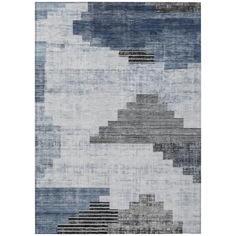 Machine Washable Indoor/Outdoor Xhevrie Blue Rug, Rectangle 10' x 14'