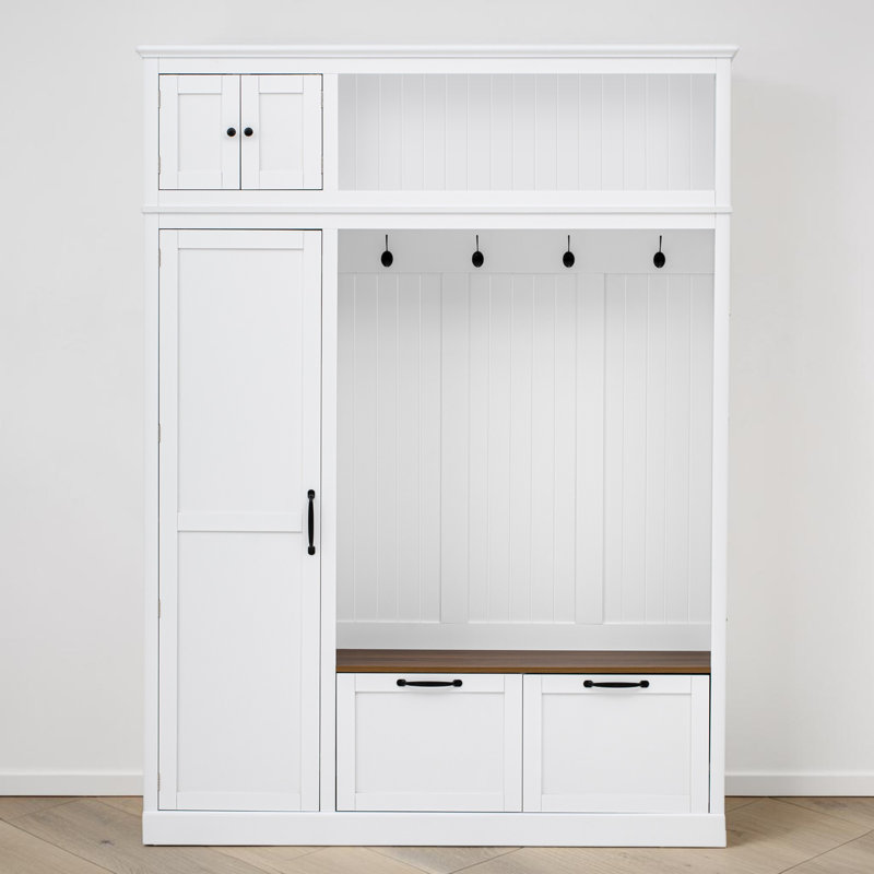 Hall Tree With Storage Bench, Entryway Organization, Side Cabinet And Drawers, Modern Farmhouse, Mudroom, White