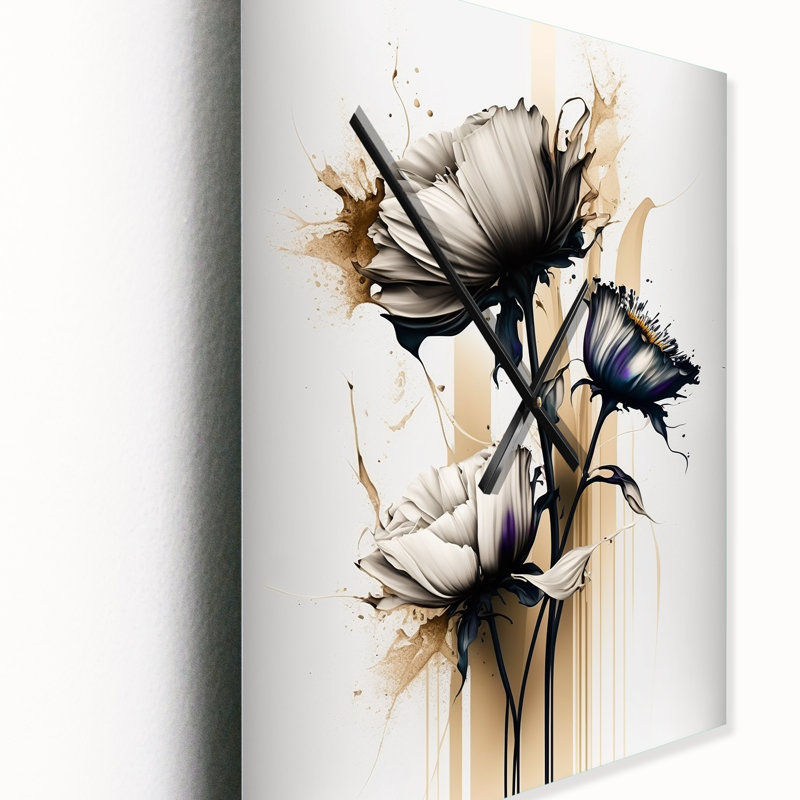 Gerbera blanc sur fond de peinture beige doré II - très grandes horloges murales florales, H 28 po x l 12 po x P 1 po