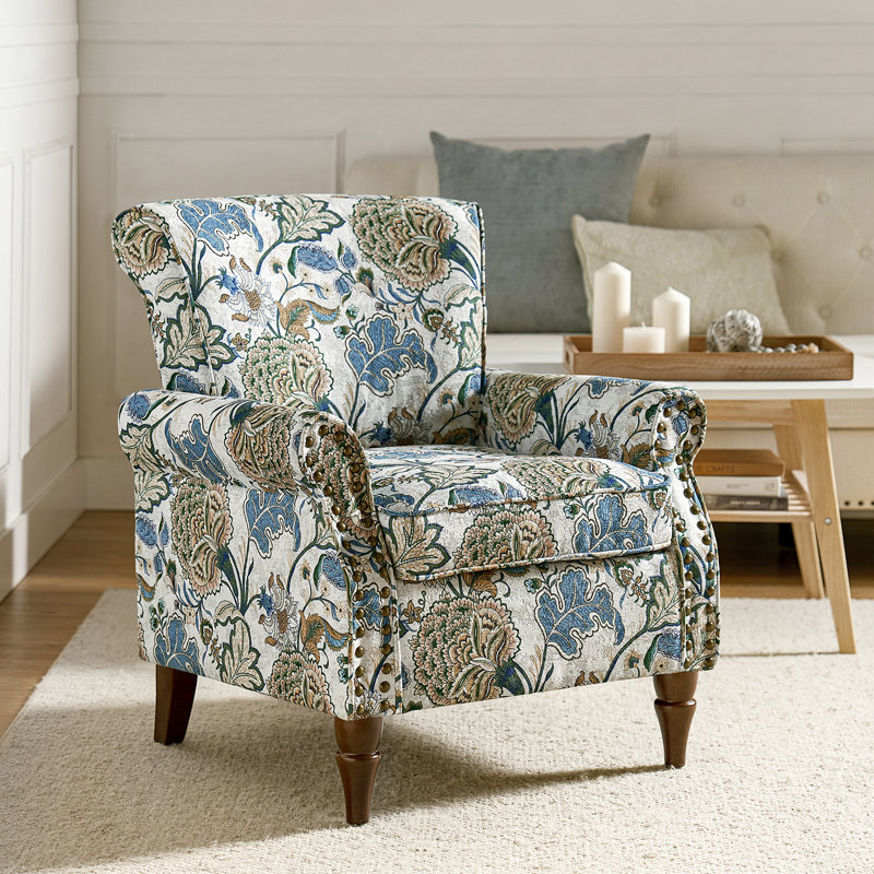 Araceli Floral Wooden Upholstered Accent Chair with Nailhead Trim, Green