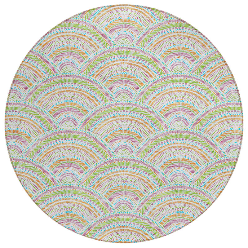 Tapis extérieur rond lavable à motif géométrique orange et mauve 8 pi