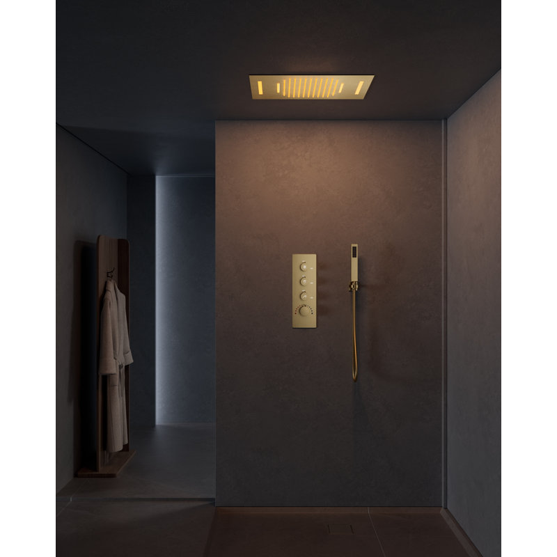 Modern Thermostatic LED Rainfall Shower System, Ceiling Mounted Waterfall Showerhead with Handheld Spray, Brushed Gold