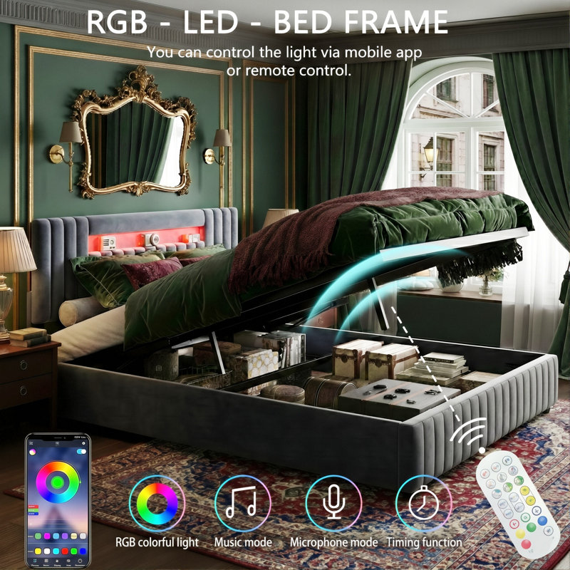 Velvet Ottoman Bed, Smart RGB LED Headboard With Vertical Tufting, European Double (140X200cm) & King (160X200cm) , Grey
