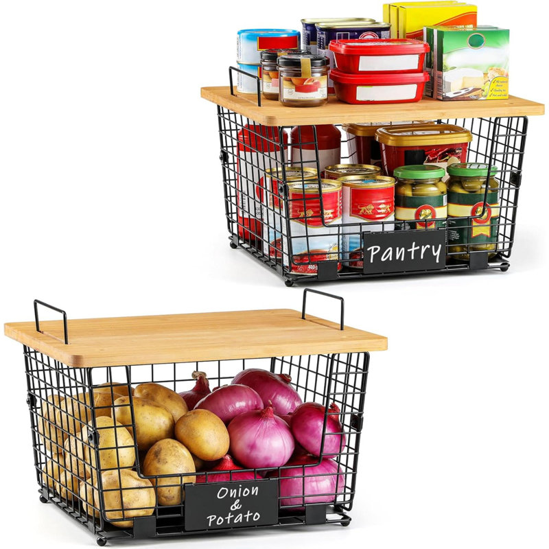 2 Set XXL Stackable Wire Basket With Bamboo Tops & Tag Pantry Organizer And Storage Bins Kitchen Counter Cabinet Shelf Countertop Under Organizing Food Snack Produce Onion Bread Storage