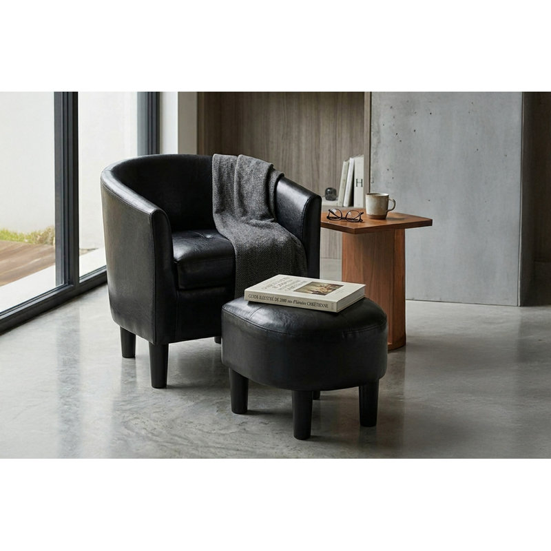 Chaise d'appoint moderne rembourrée en similicuir noir avec repose-pieds