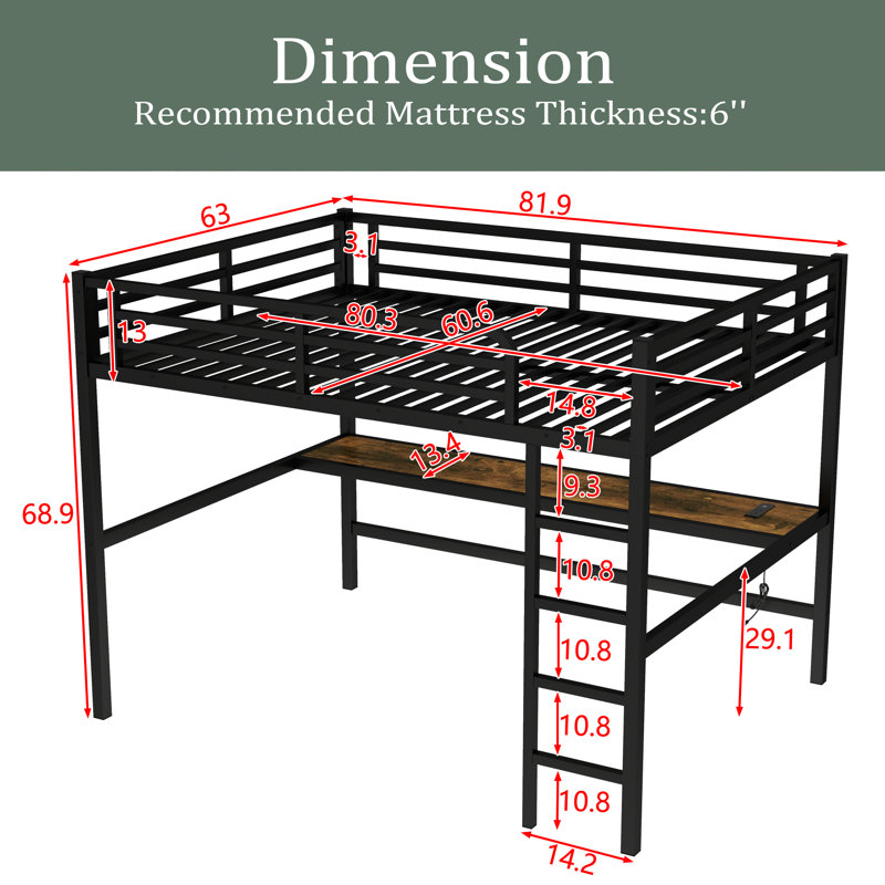 Metal Queen Size Loft Bed With Power Outlet And LED Lighted, Space-Saving, Noise Reduced