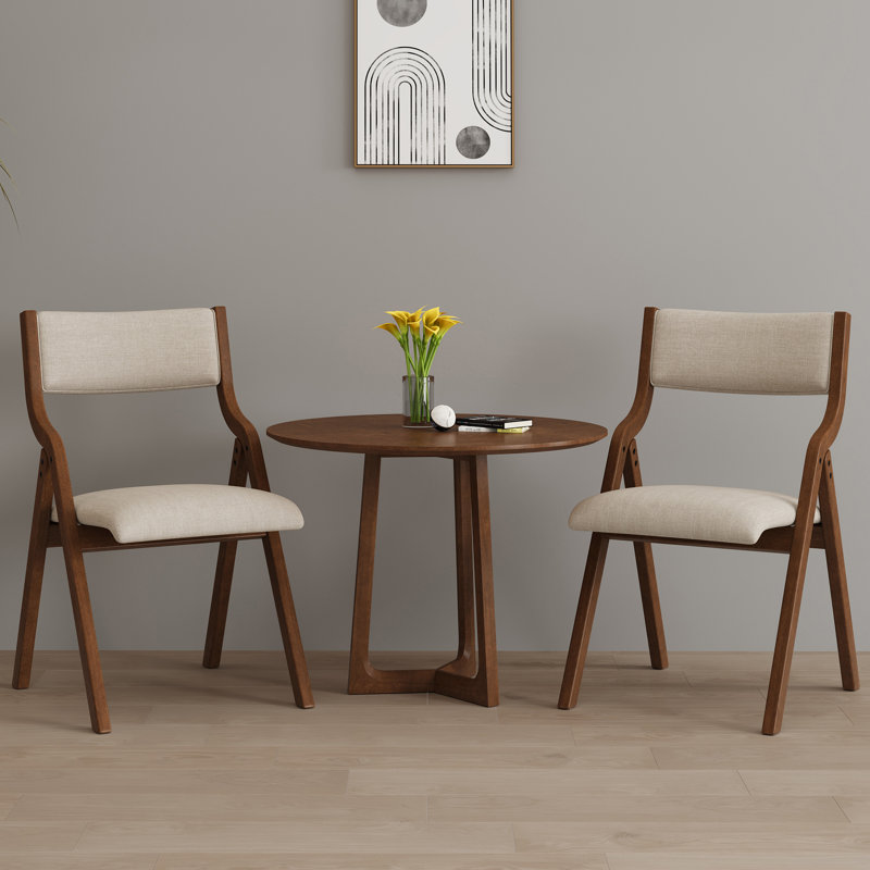 Set Of 2 Upholstered Folding Dining Chairs In Cream Taupe And Walnut, Space-saving, Easy To Carry, No Assembly Required