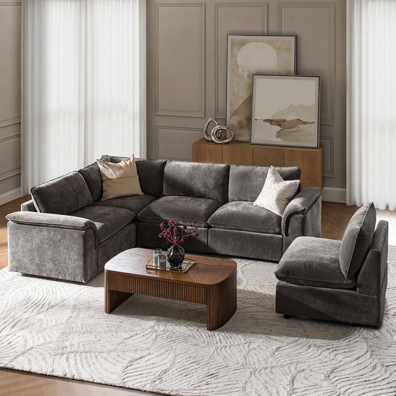 Cioffi 114"W Oversized L Shaped 5 Piece Down Blend Modular Cloud Sectional Sofa with Removable Cushion Cover, Gray