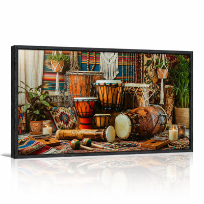 Traditional Drums and Maracas with Hanging Plants Canvas Wall Art
