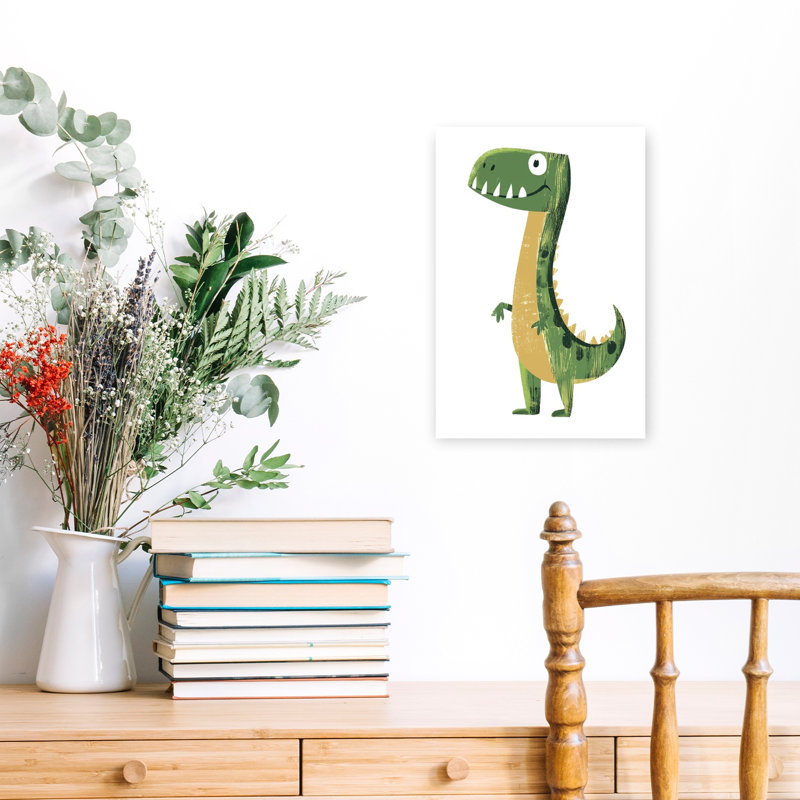 Happy Green Dinosaur Playful Contemporary Animal Wall Art Print 1 Piece Wrapped Canvas Wall Art, 45.72cm H x 30.48cm W
