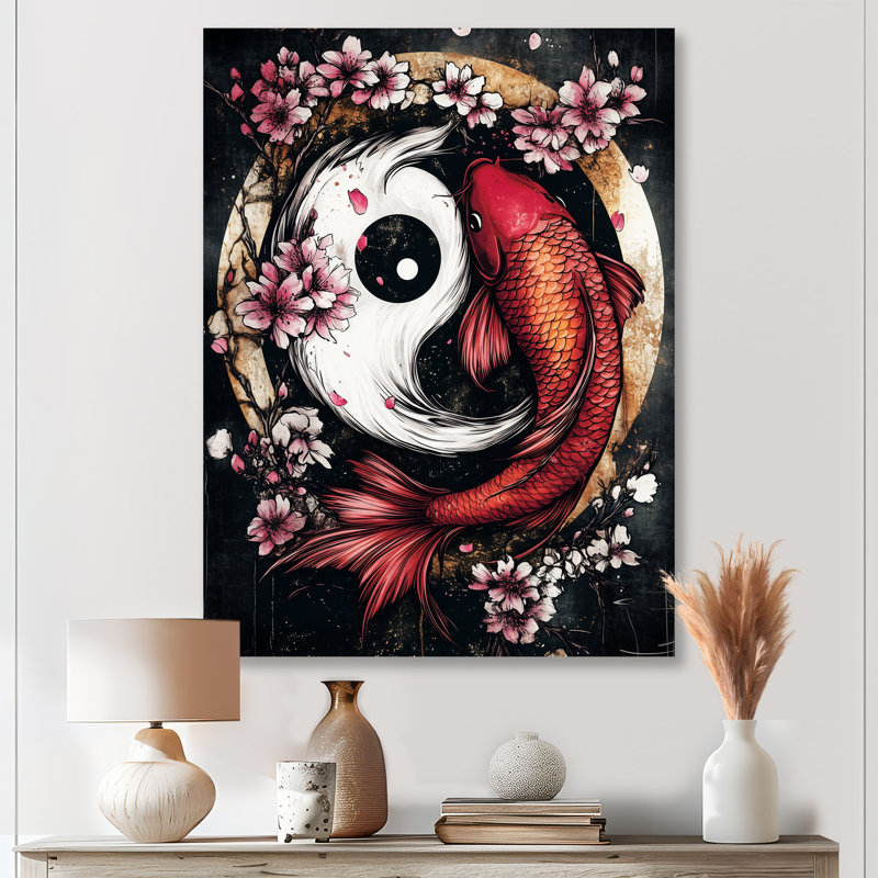 Étang mural Sakura Yin et Yang Koi, H 32 po x l 24 po x P 1 po, Toile avec cadre flottant or