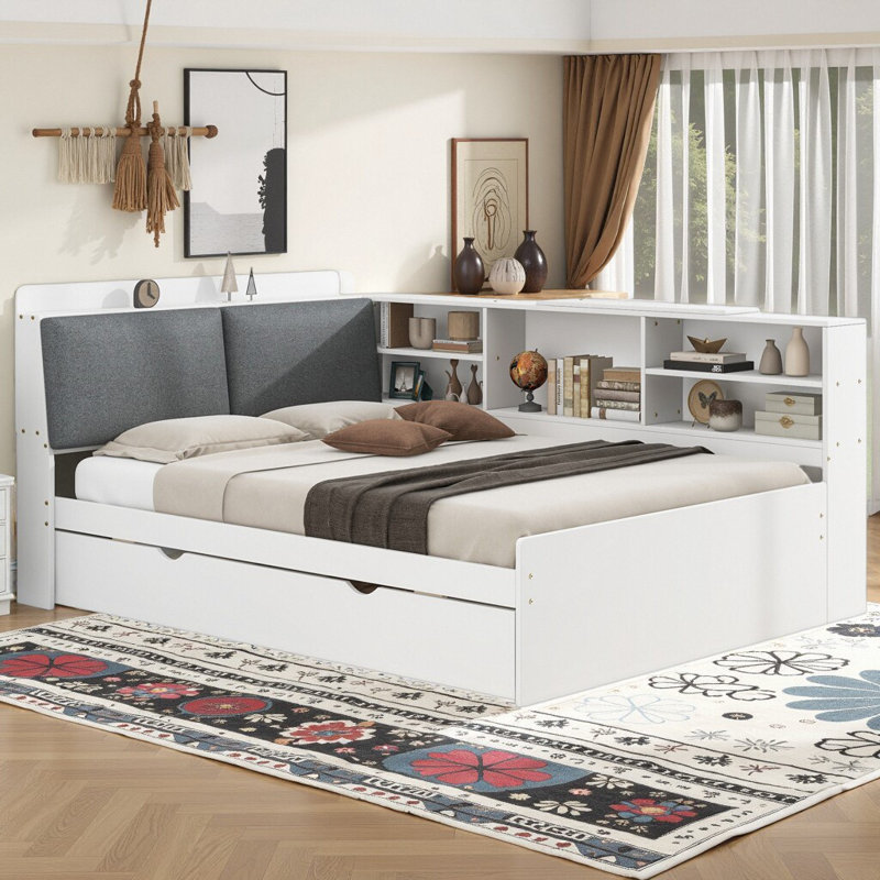 Lit plateforme multifonctionnel rembourré avec lit gigogne et tablettes de rangement intelligentes, Blanc