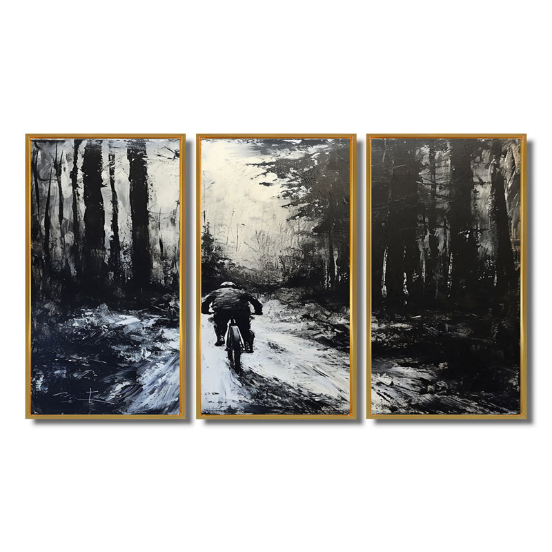 «Biking In The Winter Woods» - Ensemble de décorations murales vélo, Cadre flottant doré, H 40 po x l 60 po x P 1 po