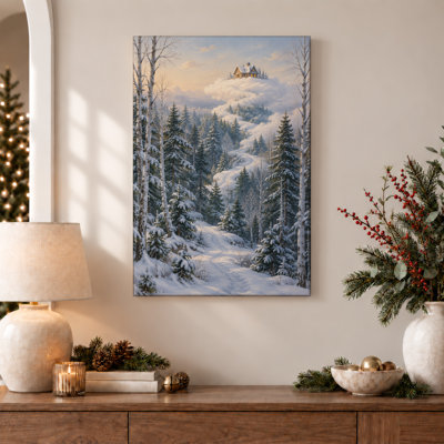 «Snowy Birch and Pine Forest Path to House on Christmas», art mural sur toile