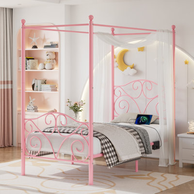 Twin Metal Canopy Bed With Portable Charging Station, Four Poster Platform Bed Frame With USB-A & USB-C Ports, Decorative Headboard, Metal Slats And Underbed Storage, No Box Spring Needed